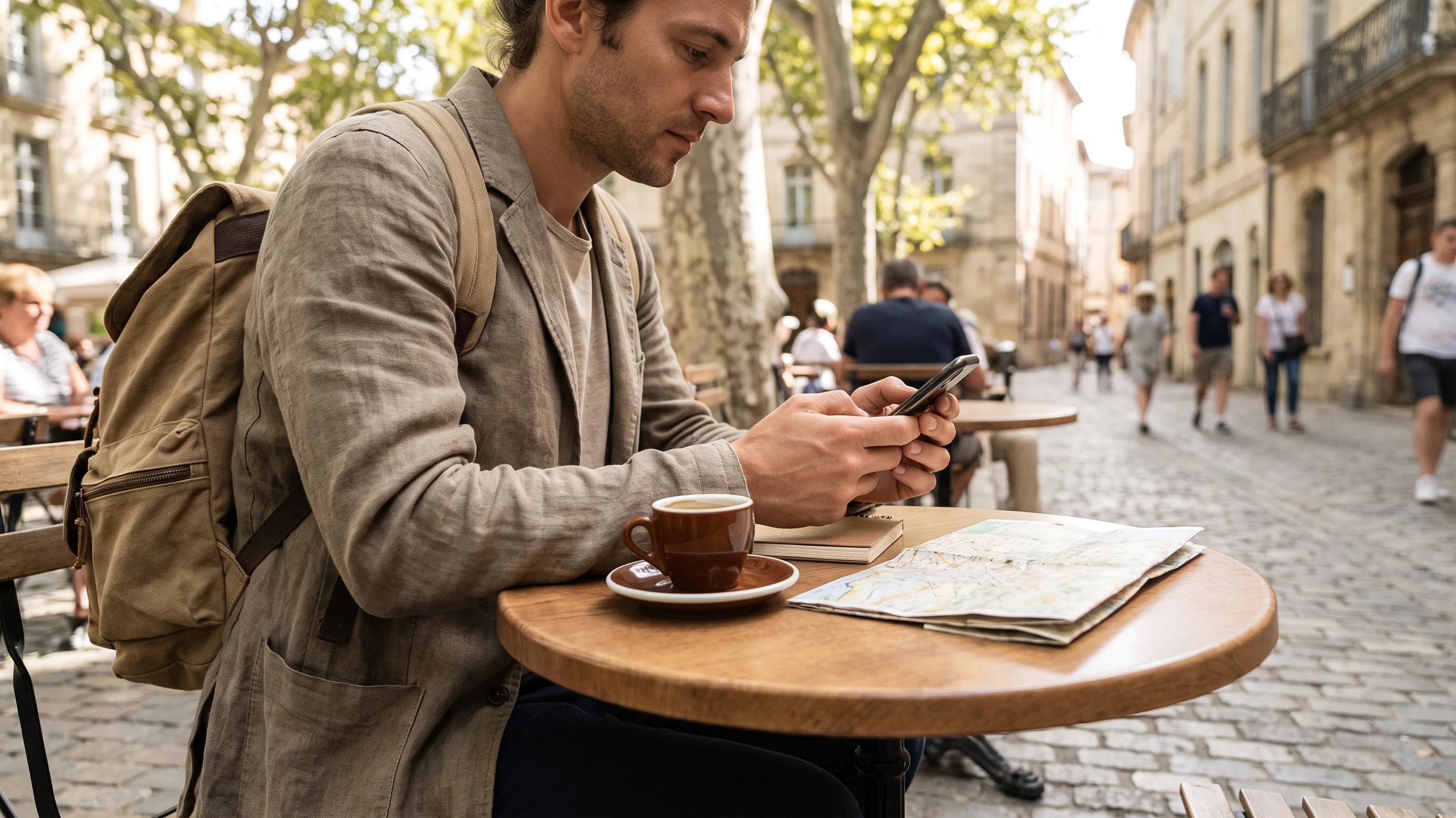 Reisende prüft am Fenster eines Zuges die Datenverbindung auf ihrem Handy