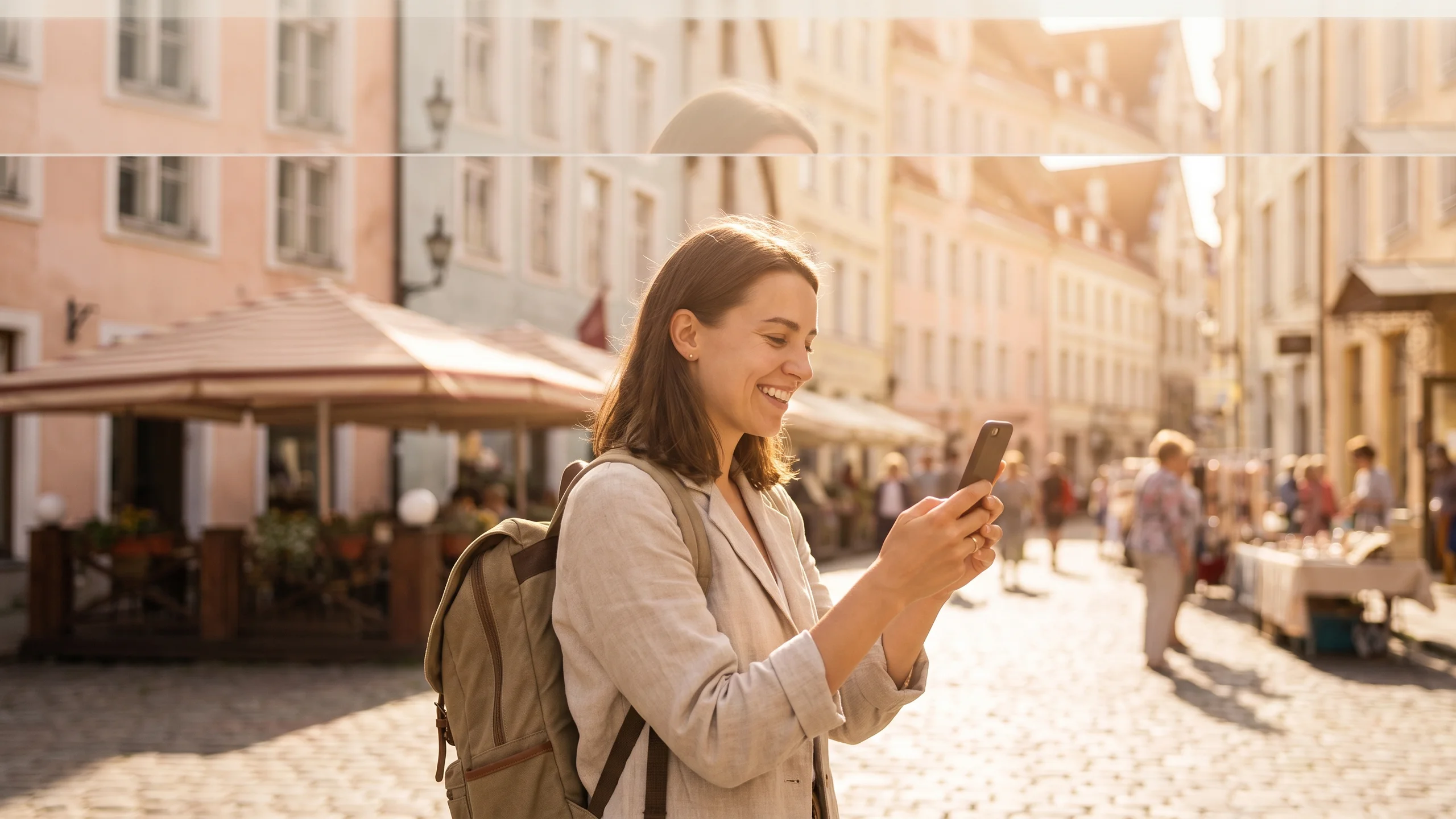 Hand hält Smartphone mit eSIM-Installationsbildschirm vor der Anzeigetafel eines Flughafens